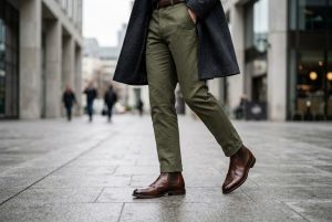 بوت چرمی قهوه‌ای + شلوار کتان + پالتو