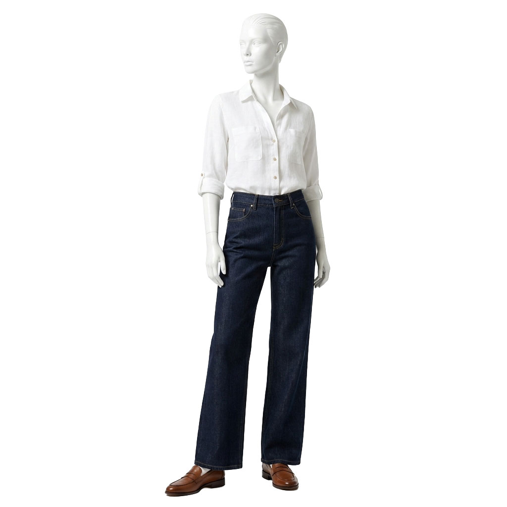 Straight-leg jeans + blouse + loafers